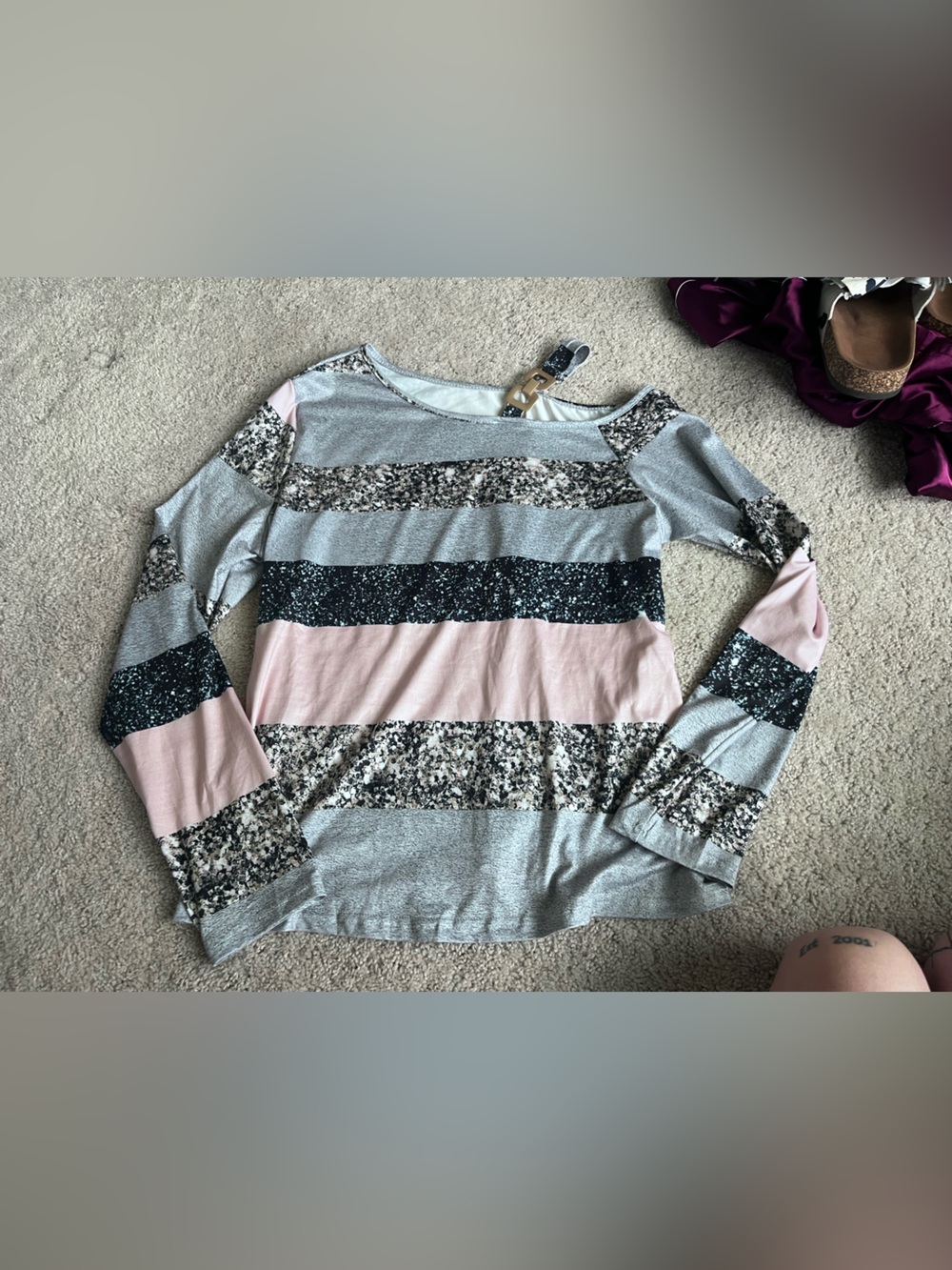 SHEIN Gray, Pink & Black Striped Long Sleeve Top
